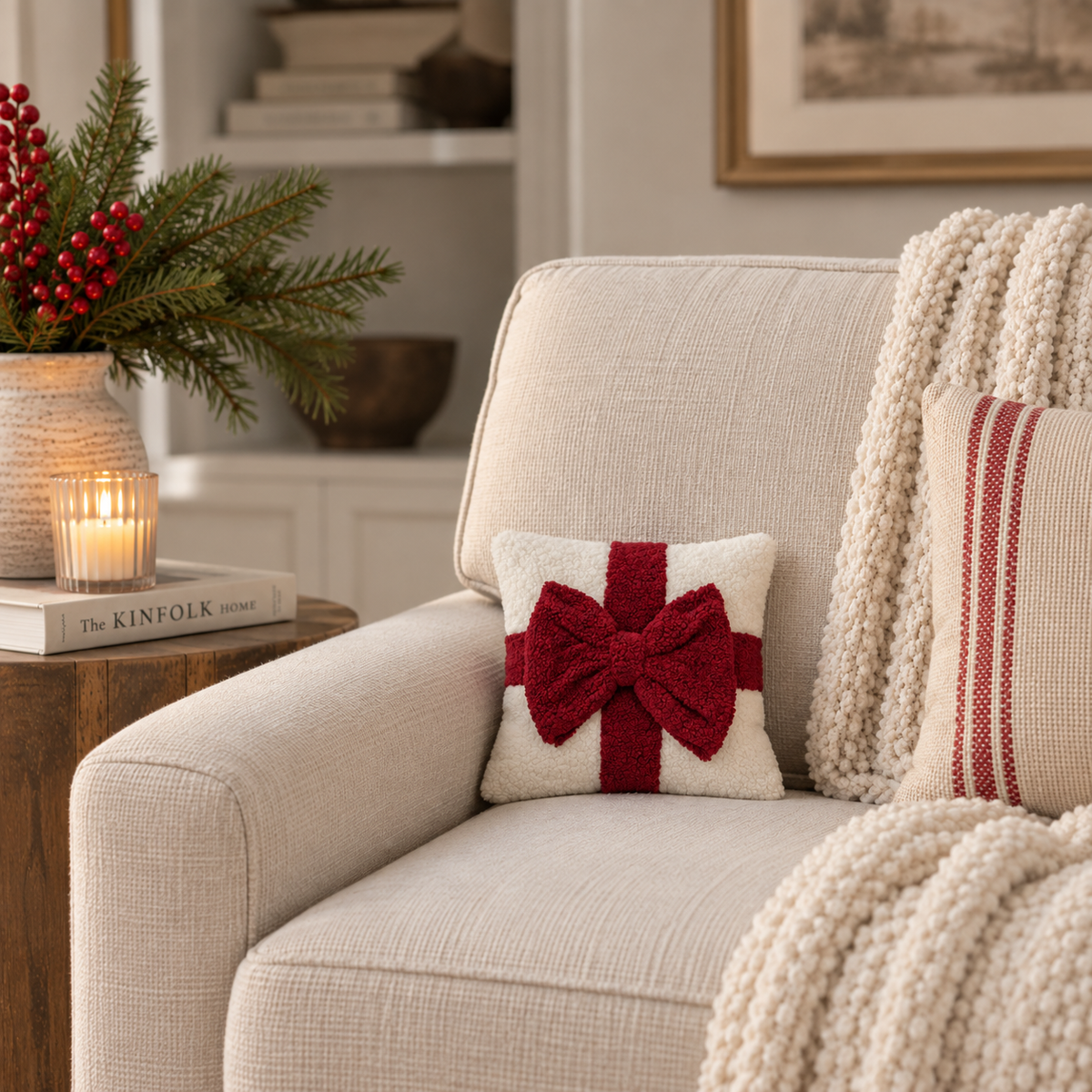 Ivory Boucle Pillow with Red Bow - Image 1