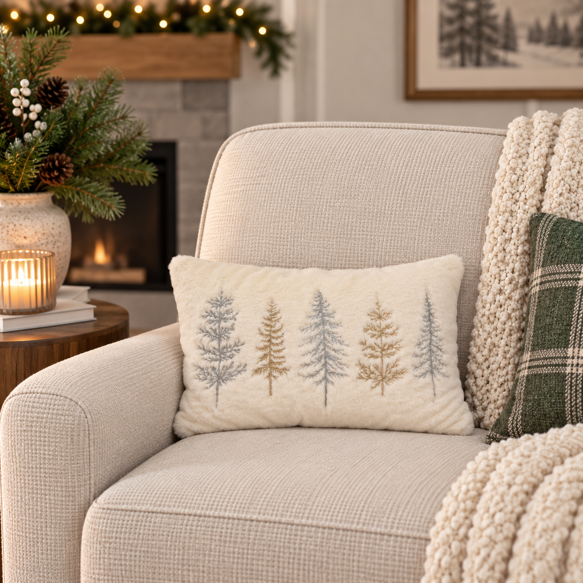 Ivory Faux Fur Evergreen Lumbar Pillow - Image 1
