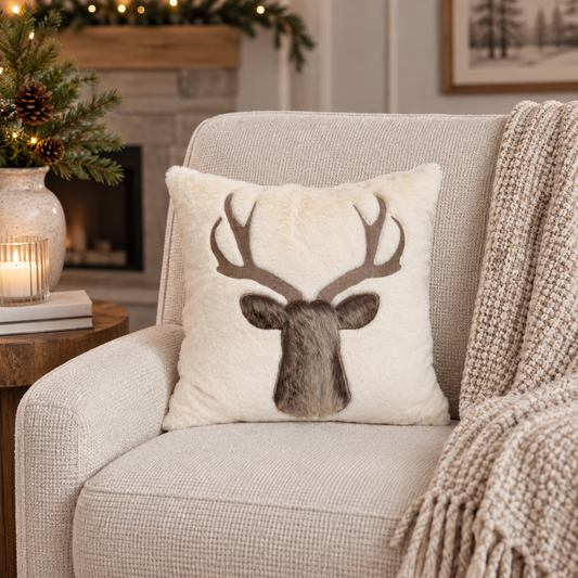 Ivory Faux Fur Deer Decorative Pillow - Image 1
