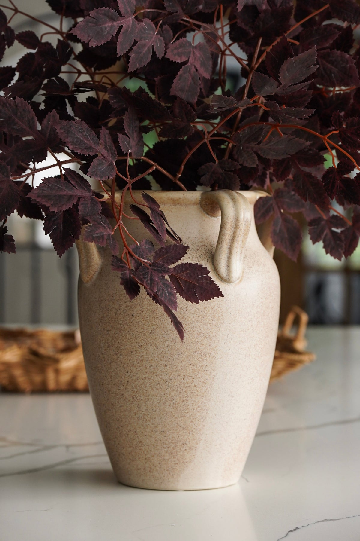 Tall Cream Ceramic Four-Handle Vase - Image 2