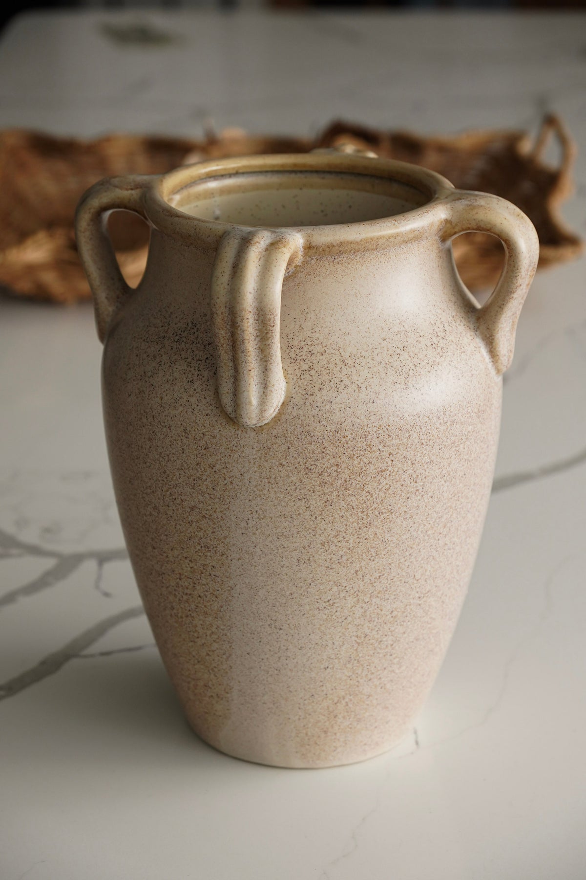 Tall Cream Ceramic Four-Handle Vase - Image 1