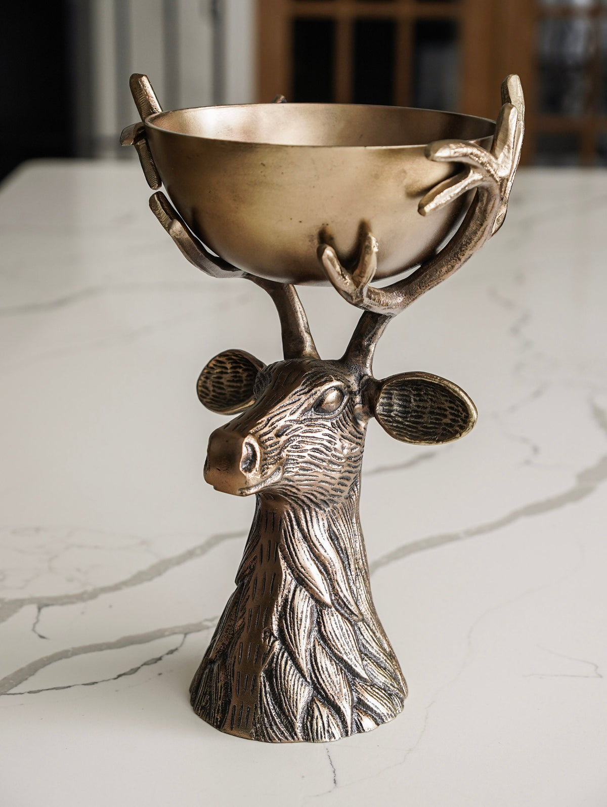 Antique Gold Deer Pedestal Decorative Bowl - Image 1
