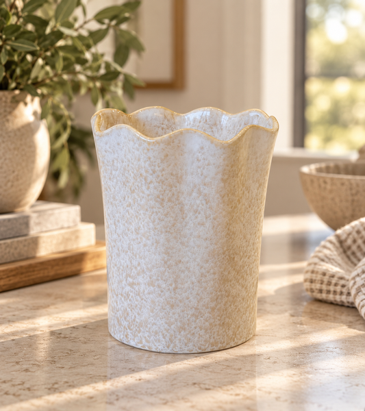 Ivory Scalloped Ceramic Utensil Crock & Vase - Image 1